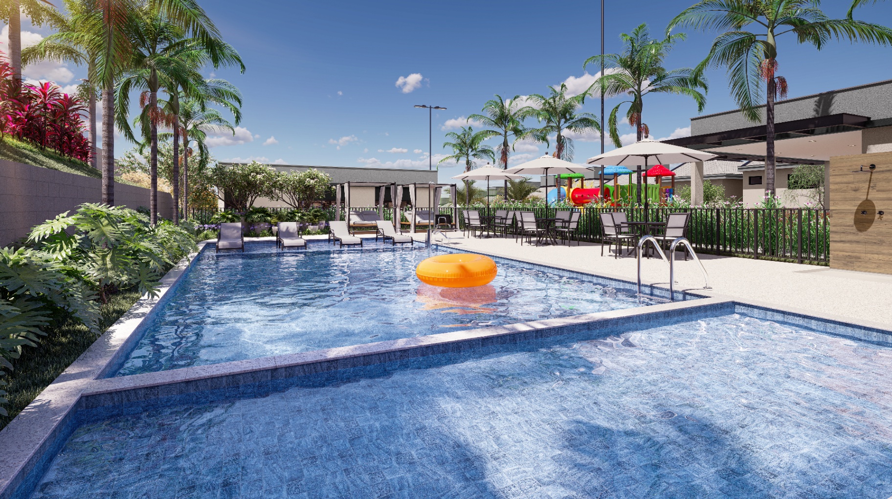 Piscina adulto com deck molhado
